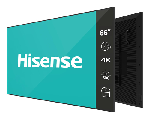 Профессиональный дисплей Hisense 86DM66D, 86", тип матрицы ADS; разрешение 3840х2160; контрастность 1200:1; яркость  500 кд/м2; время отклика 8 мс; частота обновления 60 Гц; ОС Android 11; угол обзора 178/178; AC 100 V ~ 240 V; интерфейсы HDMI*2, DP, LAN (RJ45), RS232*1 (RJ45), USB-A 2.0*1, USB-A 3.0 * 1; режим работы 24/7; VESA 600х400; вес 38,2 кг.