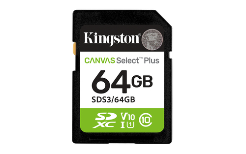 Карта памяти Kingston - Canvas Select Plus, SDXC, read speed 100Mb/s, UHS-I Class 1, V10, Class 10, 64GB, SDS3/64GB