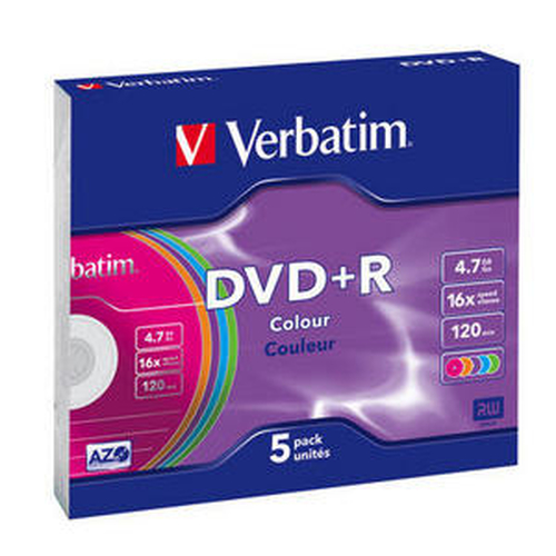 Verbatim Диски DVD+R 16х, 4.7Gb, Colour (Slim Case, 5шт.) (43556)