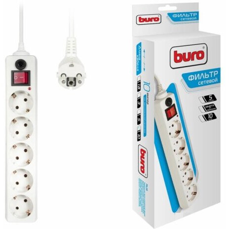 10,0м Buro 500SH-10-W 10м (5 розеток) белый (коробка)