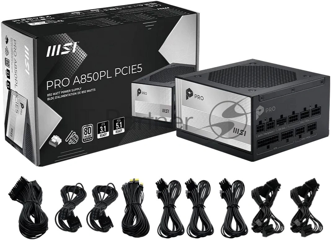 Блок питания MSI PRO A850PL PCIE5, 850Вт, 80+ Platinum, 120мм, модульный, черный