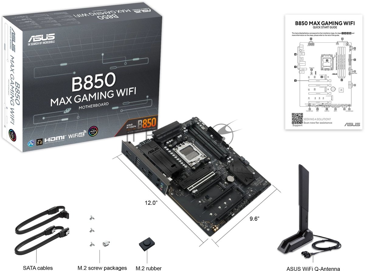 Материнская плата ASUS B850 MAX GAMING WIFI, AM5, AMD B850, 4xDDR5, 4xSATA, 3xM.2, 1xPCIe 5.0 x16, 1xPCIe 4.0 x16, 2xPCIe 3.0 x16, 1xHDMI, 1xDisplayPort, 1x 2.5Gb LAN, 4xUSB 3.2 Gen2, 2xUSB 3.2 Gen1, 2xUSB 2.0, 3x3.5 мм, 7.1, ATX