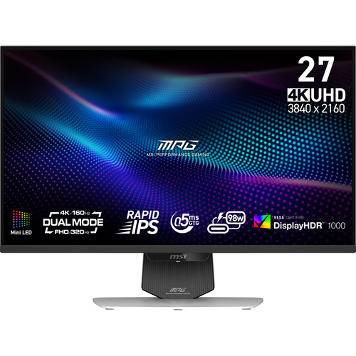 Монитор MSI MPG 274URDFW E16M 27" 16:9 UHD(3840x2160) Rapid IPS Flat, 0.5ms(GTG), 1000:1,100M:1,400nits, 2xHDMI, DP, USB-C, 2xUSB-A, USB-B, Tilt,Swivel,Height,Pivot,VESA,UHD:160Hz,FHD:320Hz,White,1y w-ty