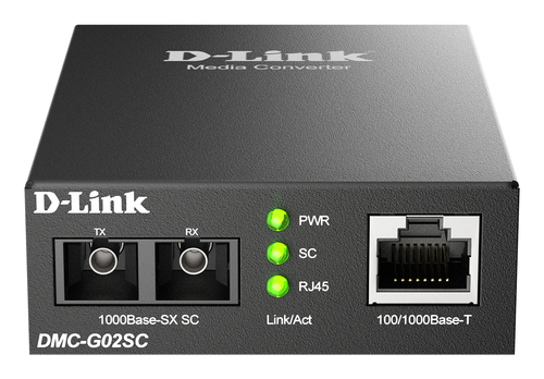 Медиаконвертер D-Link - DMC-G02SC, Витая пара RJ-45 1000Base-T, Многомодовый SC 1000Base-SX, wavelength TX-850 нм / RX-850 нм, 1 Гб/с, full-duplex, чёрный, DMC-G02SC/A1A