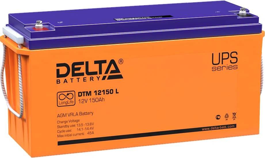 Батарея DELTA серия DTM L, DTM 12150 L, напряжение 12В, емкость 150Ач (разряд 10 часов),  макс. ток разряда (5 сек.) 970А, макс. ток заряда 45А, свинцово-кислотная типа AGM, клеммы под болт М8, ДxШxВ 482х170х240мм., вес 45кг., срок службы 10-12 лет./ Battery DELTA series DTM L, DTM 12150 L, voltage 12V, capacity 150Ah (discharge 10 hours), max. discharge current (5 sec.) 970A, max. charge current 45A, lead-acid type AGM, bolt terminals M8, LxWxH 482x170x240mm., weight 45kg., service life 10-12 y