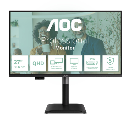 Монитор 27" AOC 2560x1440 WLED 16:9 IPS 350cd, 1500:1, 50M:1, 4ms, 178°/178°, HDMI, DP, USB hub: 4*USB3.2, 3*USB-C, RJ45, 120Hz, Speakers, Tilt, Height, Swivel, Pivot, VESA, Black, 3y