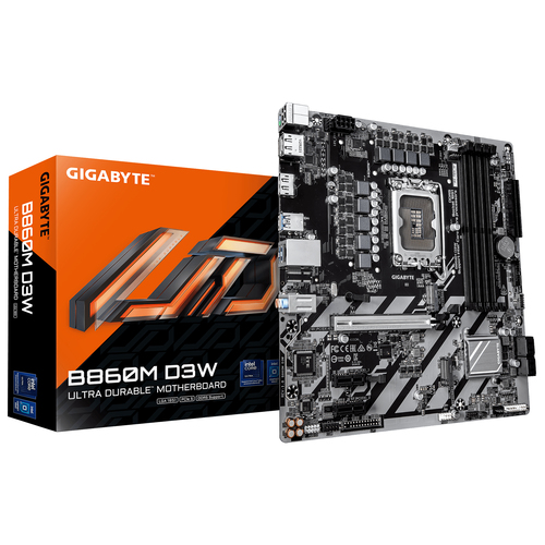 Материнская плата Gigabyte B860M D3W B860, LGA1851, 4*DDR5, 1*PCIEx16, 2*PCIEx1, 2*M.2, 1*TypeC, 5*USB3.2Gen1, 5*USB2.0, 4*SATA3.0, 1G, 2*DP, HDMI, M-ATX, RTL