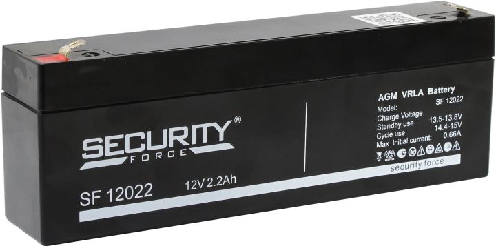 Батарея SECURITY FORCE серия SF, SF 12022, напряжение 12В, емкость 2.2Ач (разряд 20 часов),  макс. ток разряда (5 сек.) 52.5А, макс. ток заряда 0.66А, свинцово-кислотная типа AGM, клеммы F1, ДxШxВ 179х35х61мм., вес кг., срок службы 3-5 лет./ Battery SECURITY FORCE series SF, SF 12022, voltage 12V, capacity 2.2Ah (discharge 20 hours), max. discharge current (5 sec.) 52.5A, max. charge current 0.66A, lead-acid type AGM, terminals F1, LxWxH 179x35x61mm., weight kg., service life 3-5 years.