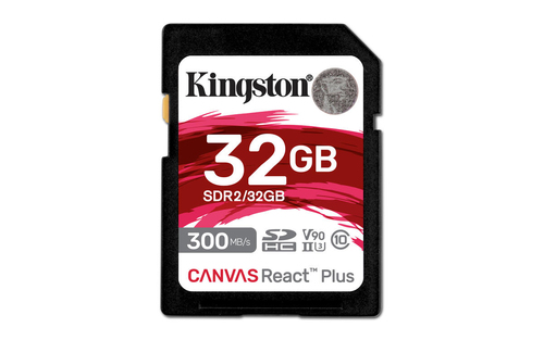 Карта памяти Kingston - Canvas React Plus, SDHC, write speed 260Mb/s, read speed 300Mb/s, UHS-II Class 3, Class 10, 32GB, microSD -> SD адаптер, SDR2/32GB