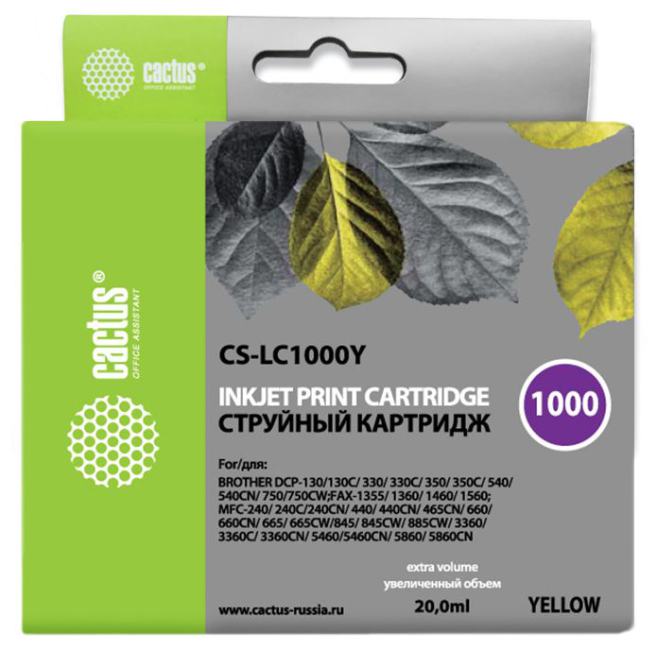 Картридж струйный Cactus CS-LC1000Y желтый (20мл) для  Brother DCP 130C/330С/MFC-240C/5460CN