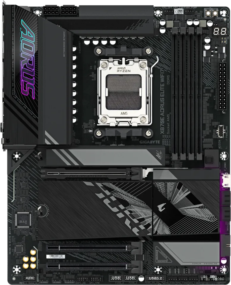 Материнская плата Gigabyte X870E AORUS ELITE WIFI7, AM5, AMD X870E, 4xDDR5, 4xSATA, 4xM.2, 1xPCI-E 5.0 x16, 1xPCI-E 4.0 x4, 1xPCI-E 3.0 x4, 1xHDMI, 1x 2.5Gb LAN, 4xUSB-A 3.2 Gen 1, 2xUSB-A 3.2 Gen 2, 4xUSB-A 2.0, 2xUSB-C 4.0, 2x3.5 мм, 7.1, ATX
