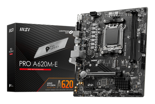 Материнская плата MSI PRO A620M-E, AM5, AMD A620, 2xDDR5, 4xSATA, 1xM.2, 1xPCI-E 4.0 x16, 1xPCI-E 4.0 x1, 1xHDMI, 1xVGA, 1x1Gb LAN, 2xUSB 2.0, 4xUSB 3.2 Gen 1, 3x3.5 мм, 7.1, Micro-ATX