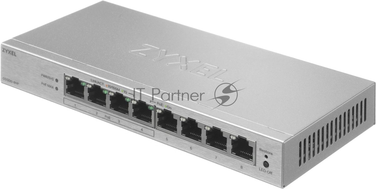 Коммутатор ZYXEL GS1200-8HPV3-EU0101F, 8×1 Гбит/с, 4×PoE+, 68 Вт, управляемый