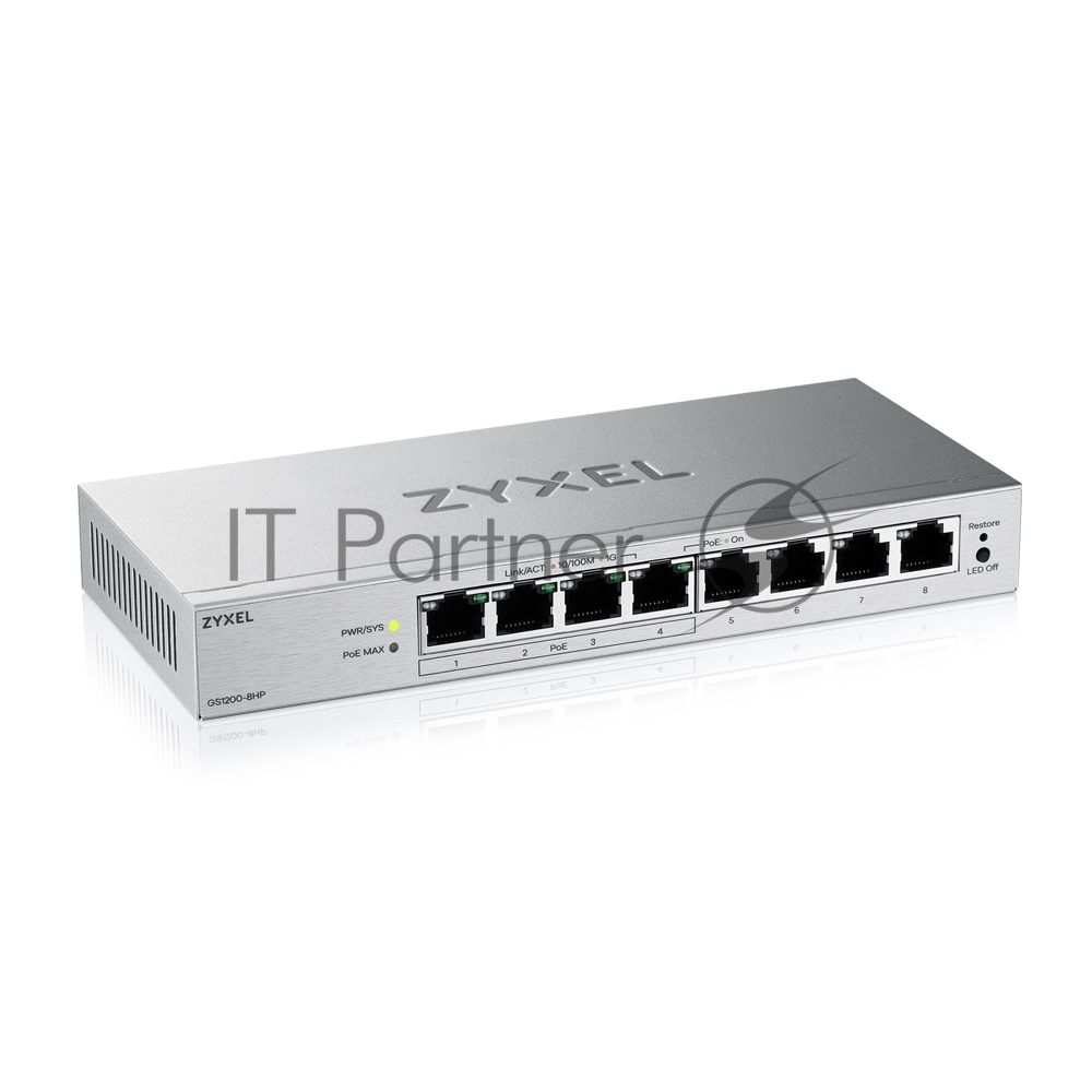 Коммутатор ZYXEL GS1200-8HPV3-EU0101F, 8×1 Гбит/с, 4×PoE+, 68 Вт, управляемый