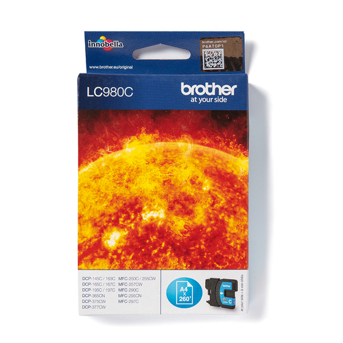 Картридж Brother LC980C DCP-145C/165/195C/375CW, MFC-250C/290C синий (Cyan), 260 стр. (5% зап.)