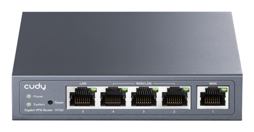 Маршрутизатор CUDY Gigabit Multi-WAN VPN Router, 1 GbE WAN, 1GbE LAN, 3 Configurable WAN/LAN, Load balancing, Link Backup, Zerotier/Wireguard/OpenVPN/IPSec/L2TP/PPTP VPN Server and Client, Zerotier, IPv6, TR069/098/TR181/TR111, DNS over Cloudflare/Google/Quad9 (R700)