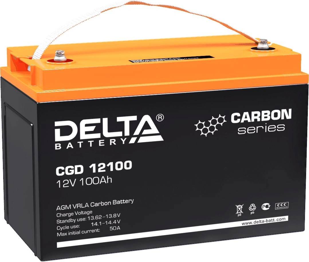 Батарея DELTA серия CGD, CGD 12100, напряжение 12В, емкость 100Ач (разряд 10 часов),  макс. ток разряда (5 сек.) 1000А, макс. ток заряда 50А, графеновая свинцово-кислотная типа AGM, клеммы под болт М8, ДxШxВ 330х173х212мм., вес 30кг., срок службы 15 лет./ Battery DELTA series CGD, CGD 12100, voltage 12V, capacity 100Ah (discharge 10 hours), max. discharge current (5 sec.) 1000A, max. charge current 50A, graphene lead-acid type AGM, bolt terminals M8, LxWxH 330x173x212mm, weight 30kg, service lif