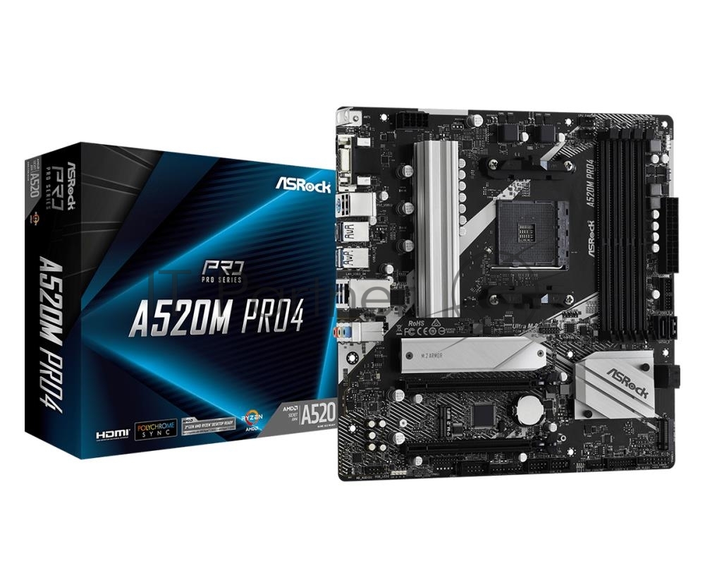 Материнская плата ASRock A520M Pro4, AM4, AMD A520, 4xDDR4, 4xSATA, 2xM.2, 1xPCIe 3.0 x16, DisplayPort, HDMI, D-Sub, 1x1Gb LAN, 3x3.5 мм, 7.1, microATX