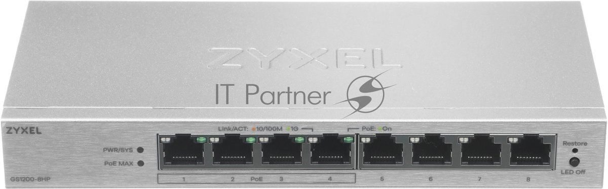 Коммутатор ZYXEL GS1200-8HPV3-EU0101F, 8×1 Гбит/с, 4×PoE+, 68 Вт, управляемый