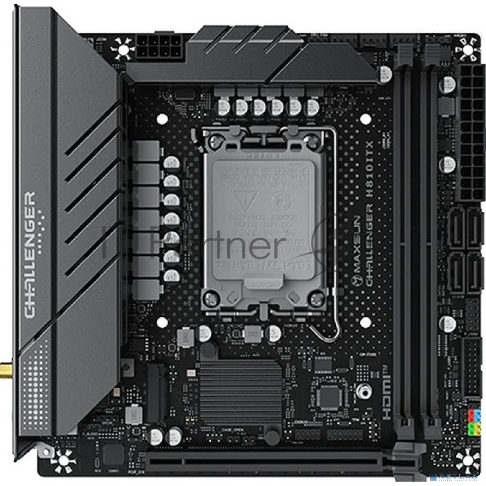 Материнская плата MAXSUN Challenger H810ITX WIFI, LGA 1851, Intel H810, 2xDDR5, 4xSATA, 2xM.2, 1xPCIe 5.0 x16, HDMI, 2xDisplayPort, 1x1Gb LAN, Wi-Fi 6, Bluetooth, 3x3.5 мм, 5.1, Mini-ITX