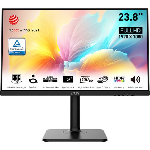 Монитор 23.8" MSI Modern MD2412P IPS, 1920x1080, 100Hz, 4ms, 300сd/m, 1000:1, HDR | HDMI(1.4), Type-C(PD-15W) | HAS, Pivot, Swivel, ExPSU, Speakers, Vesa 75, Black (9S6-3PA59H-095)