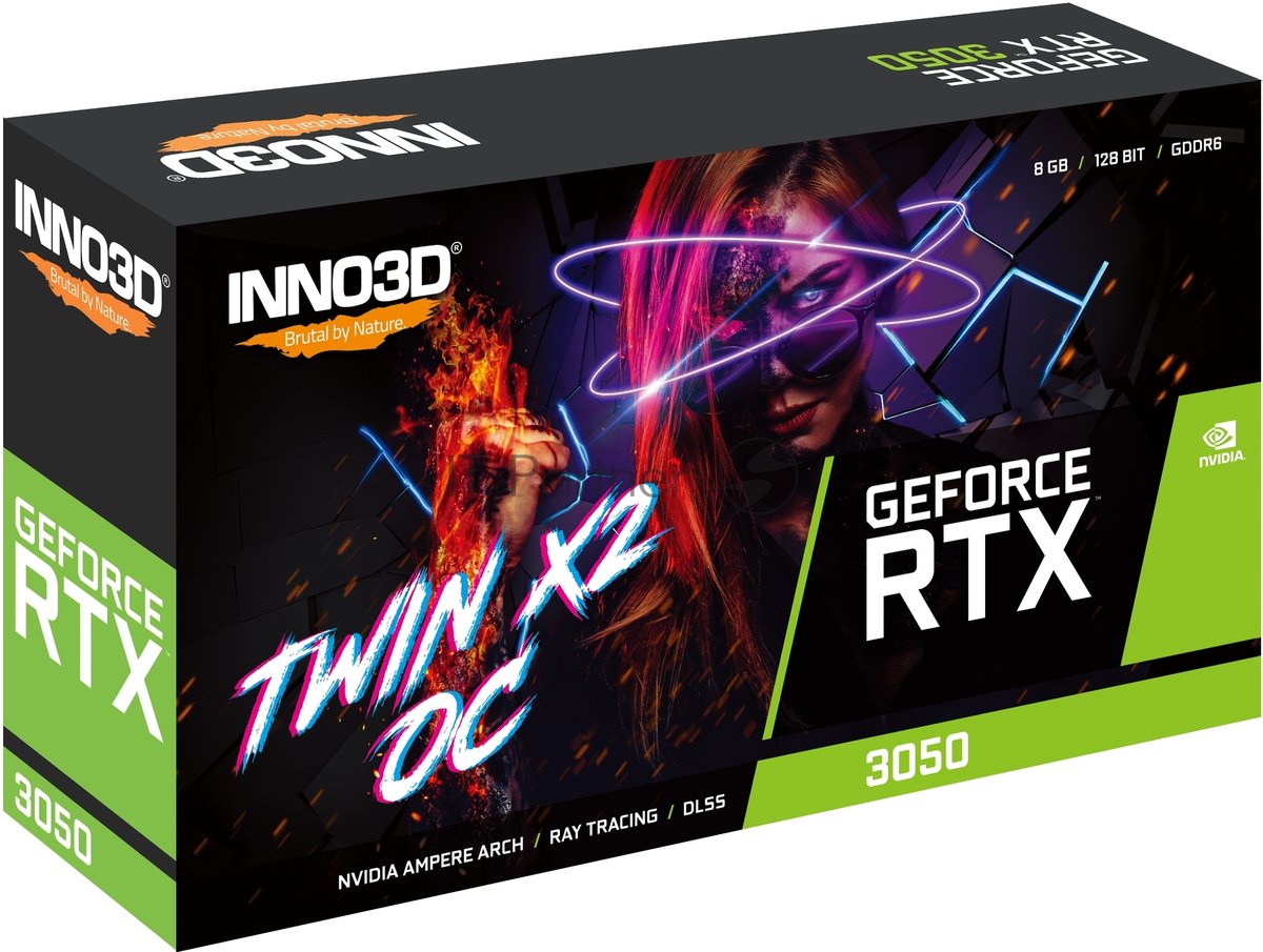 Видеокарта INNO3D GeForce RTX 3050 TWIN X2 OC, 8 GB GDDR6, 128 bit, DVI-D, DisplayPort, HDMI, GPU 1552 MHz