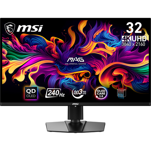 Монитор MSI MAG 321UPX QD-OLED 31,5" 16:9 UHD(3840x2160) QD-OLED Flat,True Black 400, 0.03ms(GTG), 1,5M:1, HDR Brightness 1000nits, 2xHDMI, DP, Type-C, Tilt,Swivel,Height,Pivot,VESA,240Hz,Black,1y w-ty