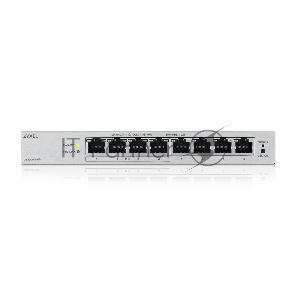 Коммутатор ZYXEL GS1200-8HPV3-EU0101F, 8×1 Гбит/с, 4×PoE+, 68 Вт, управляемый
