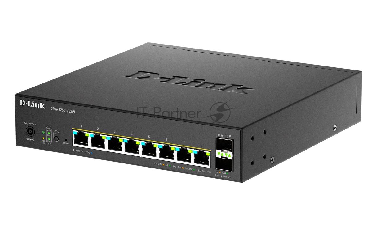 Коммутатор D-Link DMS-1250-10SPL/A1A/6KV, 8×2,5 Гбит/с PoE (2×60 Вт PoE++) + 2×10 Гбит/с SFP+, управляемый