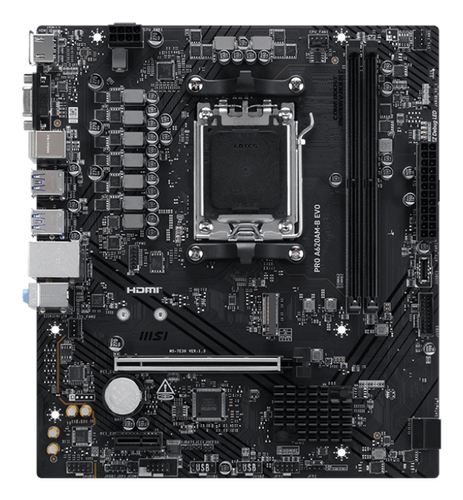 Материнская плата MSI PRO A620M-B EVO, AM5, AMD A620A, 2xDDR5, 2xSATA, 1xM.2, 1xPCIe 4.0 x16, 1xPCIe x1, 1xVGA, 1xHDMI, 1x2.5Gb LAN, 4xUSB-A 5Gbps, 2xUSB-A 2.0, 2xPS/2, 3x3.5 мм, 7.1, чёрный, mATX
