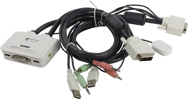 Multico <EW-K1302DU> 2-port DVI USB KVM Switch (клавиатураUSB+мышь USB+DVI+Audio, проводной ПДУ,  кабели  несъемные)