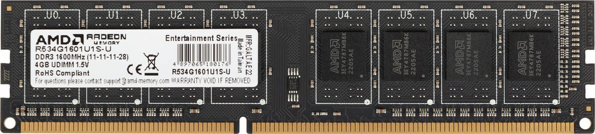 AMD Память DDR3 4Gb 1600MHz R534G1601U1S-U RTL PC3-12800 CL11 DIMM 240-pin 1.5В Ret