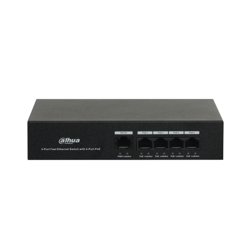 DAHUA DH-PFS3005-4ET-36 5-портовый неуправляемый коммутатор с РоЕ, 4xRJ45 100Mb PoE, 1xRJ45 100Mb, суммарно 36Вт, коммутация 1 Гбит/с, MAC-таблица 1К, металл