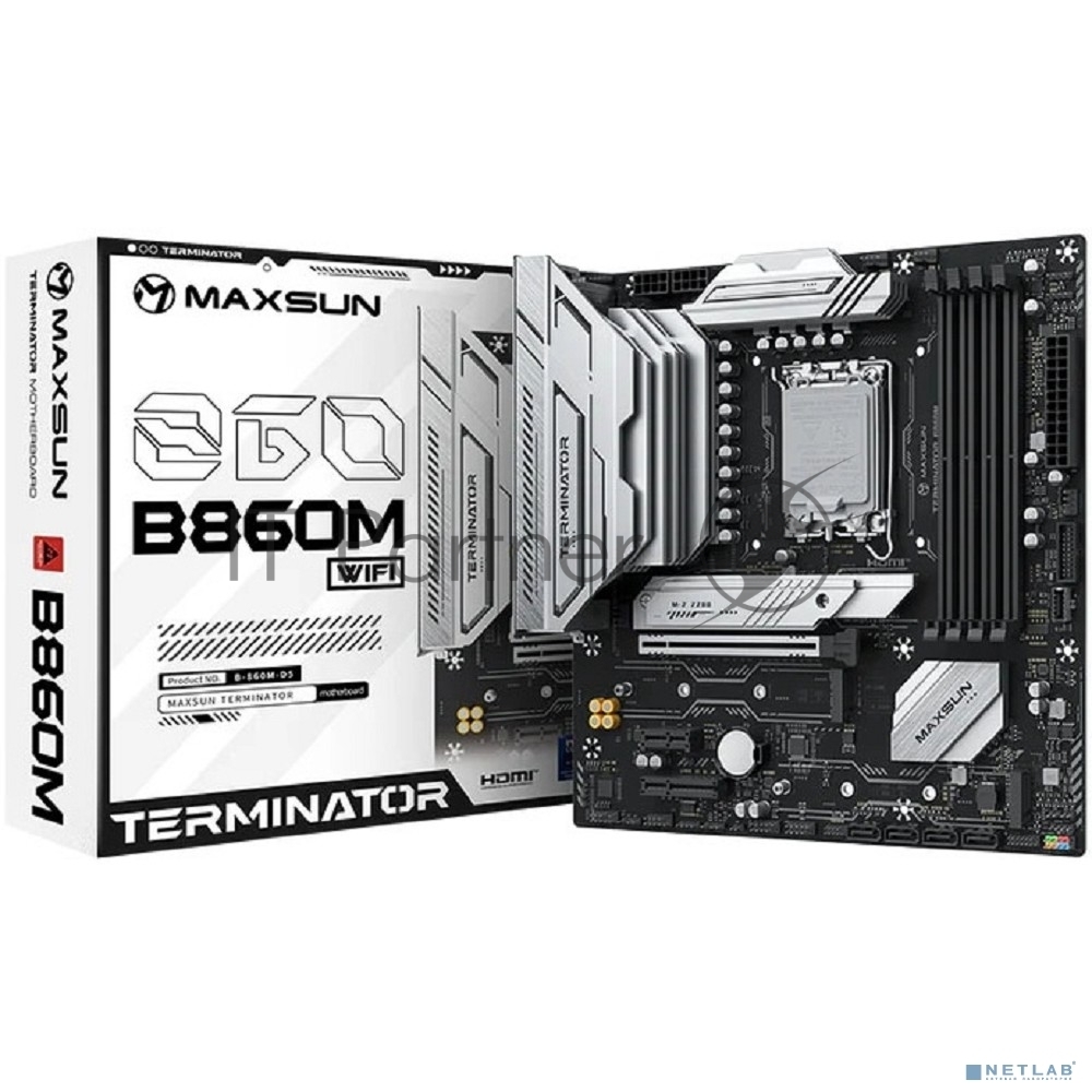 Материнская плата MAXSUN Terminator B860M WIFI, LGA 1851, Intel B860, 4xDDR5, 4xSATA, 3xM.2, 1xPCIe 5.0 x16, DisplayPort, HDMI, USB Type-C, 1x2.5Gb LAN, Wi-Fi 6, Bluetooth, 3x3.5 мм, 5.1, microATX