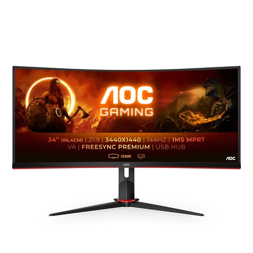 МОНИТОР 34" AOC CU34G2X Black-Red (VA, изогнутый, 3440x1440, 144Hz, 1 ms, 178°/178°, 300 cd/m, 80M:1, +2xHDMI 2.0, +DisplayPort 1.2, +4xUSB 3.0, +регулировка по высоте, AMD FreeSync™) (CU34G2X)