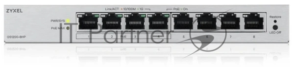 Коммутатор ZYXEL GS1200-8HPV3-EU0101F, 8×1 Гбит/с, 4×PoE+, 68 Вт, управляемый