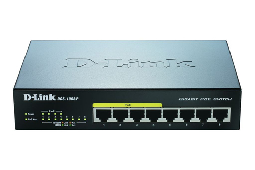 DGS-1008P/F3A - Коммутатор, D-Link, DGS-1008P/F3A, Неуправляемый, настольный, 8 портов 10/100/1000М, Корпус металл, 4 порта PoE 802.3af/at, PoE-бюджет 80 Вт