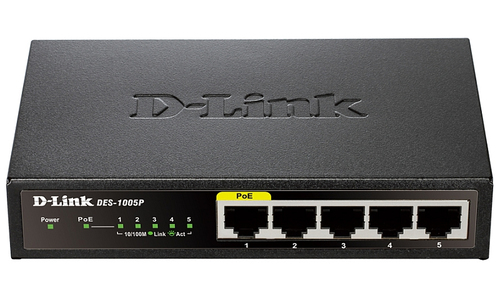 Коммутатор D-Link DES-1005P/B1A Неуправляемый коммутатор с 5 портами 10/100Base-TX, функцией энергосбережения и поддержкой QoS (4 порта с поддержкой PoE 802.3af/802.3at (30 Вт), PoE-бюджет 60 Вт) {10} (439827)