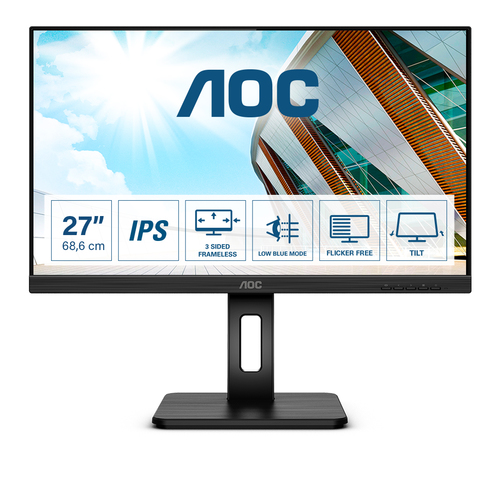 Монитор AOC - Q27P2Q, 27", 16:9, IPS, 300cd/m², 1000:1, 2560x1440 (WQHD), 75 Гц, VGA, 1x HDMI, 1x DP, HAS, Pivot, speakers, цвет чёрный, Q27P2Q