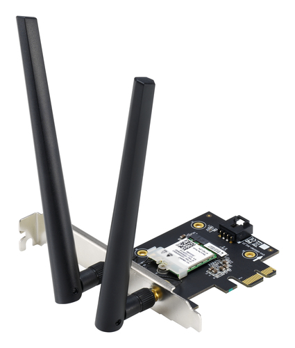ASUS PCE-AX1800 Сетевой адаптер WiFi 6 Bluetooth 5.2 PCI-E, 4 (802.11n), 5 (802.11ac), 6 (802.11ax), 1775 Мбит/с, 5 ГГц, 2.4 ГГц, антенна - внешняя, передатчик - 20 dBm (90IG07A0-MO0B00)