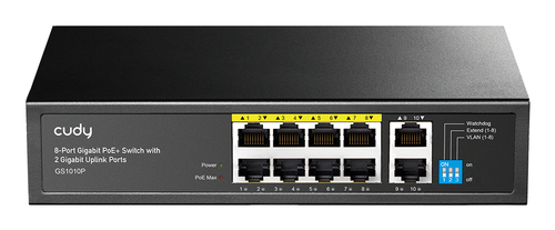 Коммутатор CUDY 8-Port Gigabit PoE+ Switch with 2 Gigabit Uplink Ports 120W                                          8 RJ-45 10/100/1000M PSE ports +2 RJ45 10/100/1000  Uplink Port Unmanaged PoE+ Switch 120W, CCTV/VLAN mode support, long distance:250M at CCTV mode.  802.3af/at standard,  Aternative 1/2(+),3/6(-), Rack-mountable Steel Case, Watchdog, 120W internal