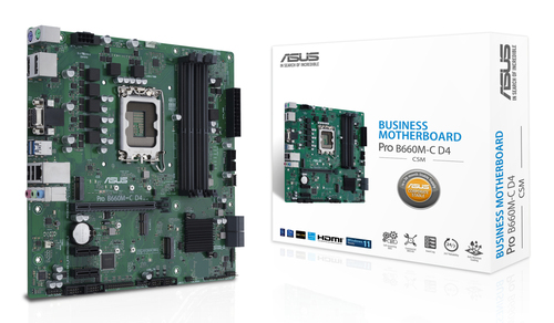 Материнская плата ASUS Pro B660M-C D4-CSM, LGA 1700, Intel B660, 4xDDR4, 1xHDMI, 1xVGA, 2xDP, 1x1Gb LAN, 2xUSB-A, 3x3.5 мм, 7.1, Micro-ATX