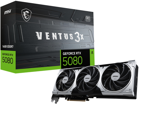 Видеокарта MSI NVIDIA - GeForce RTX 5080 Ventus 3X OC, PCI-E 5.0, GDDR7 16GB 256bit, 1x HDMI, 3x DP, max 7680 x 4320 (8K), Full Height, RTX 5080 16G VENTUS 3X OC