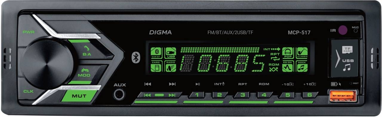 Автомагнитола DIGMA MCP-517, 1 DIN, Bluetooth, USB-A, AUX