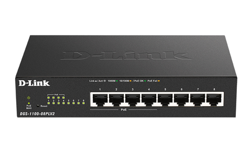DGS-1100-08PLV2/A1A - Коммутатор, D-Link, DGS-1100-08PLV2/A1A, Настраиваемый L2, 8 портов 10/100/1000Base-T (4 порта PoE 802.3af/at, PoE-бюджет 80 Вт), Комплект для монтажа на стену