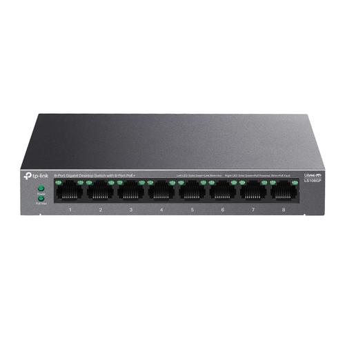 Коммутатор настольный TP-Link LS108GP с 8 гигабитными портами PoE+, 802.3af/at, бюджет PoE — 62 Вт, до 250 метров