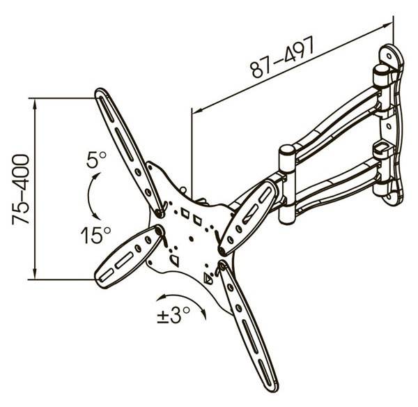 Kromax TECHNO-5 grey, Кр. алюм. наст. для TV 15"-55", max 35 кг, 5 ст св., нак. 15°, пов. 180°, от ст. 87-497 мм, max VESA 400x400 мм.