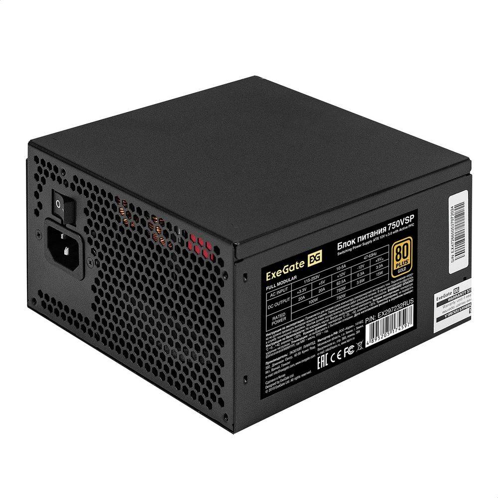 Exegate EX297232RUS Блок питания 750W 80 PLUS® GOLD 750VSP FC (ATX3.0, APFC, КПД 90% (80 PLUS GOLD), 120mm fan, 24pin, 2x(4+4)pin, PCIE5.0/12VHPWR, 4xPCI-E, 6xSATA, 3xIDE, 1xFDD, Full Cable Management