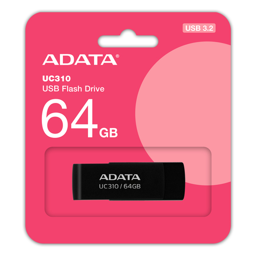 USB накопитель ADATA - UC310, USB Type A (USB 3.2 Gen 1), 64 ГБ, read speed-100MB/s, цвет чёрный, UC310-64G-RBK