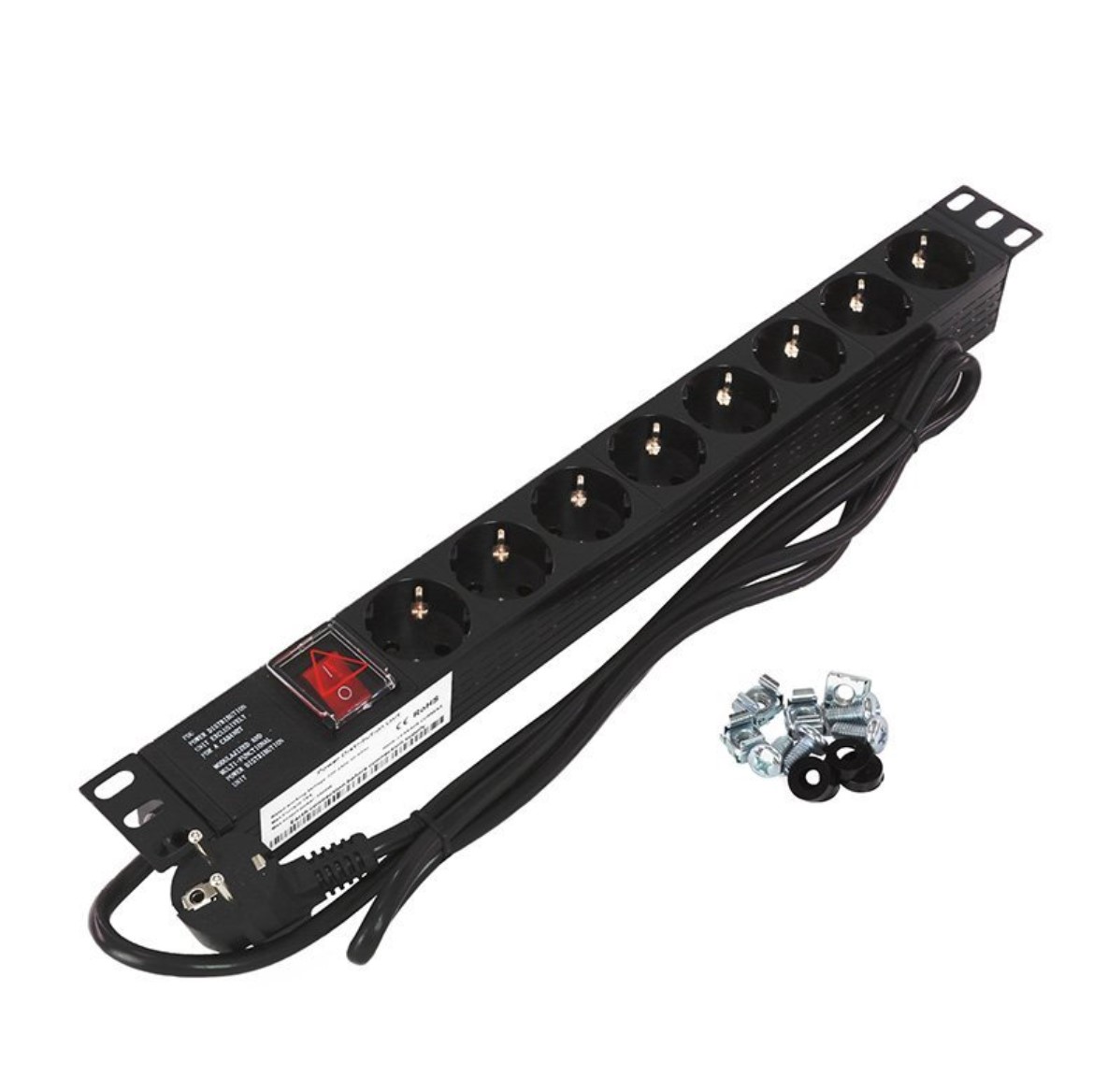 Rexant (04-0306) Блок розеток 19", 1U, 16А, 8 розеток, корпус пластик, со шнуром питания